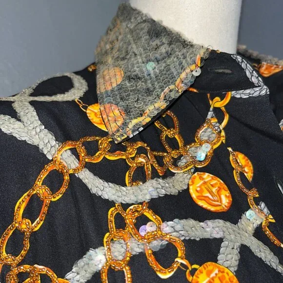 Vintage STARINGTON Sequin & Bead Embellished Chain & Coin Silk Blouse - EUC - 8 - Picture 3 of 16